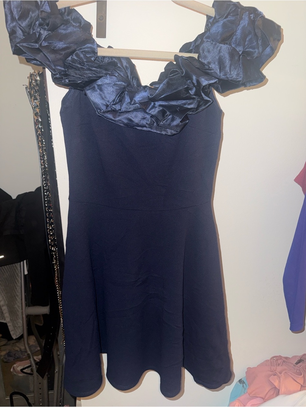 B Darlin Navy One-Shoulder Ruffle Fit & Flare Dress